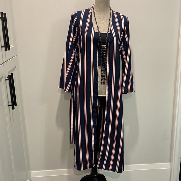 BLEUH Ciel Blue & Red Striped Duster Jacket Medium - Picture 5 of 16